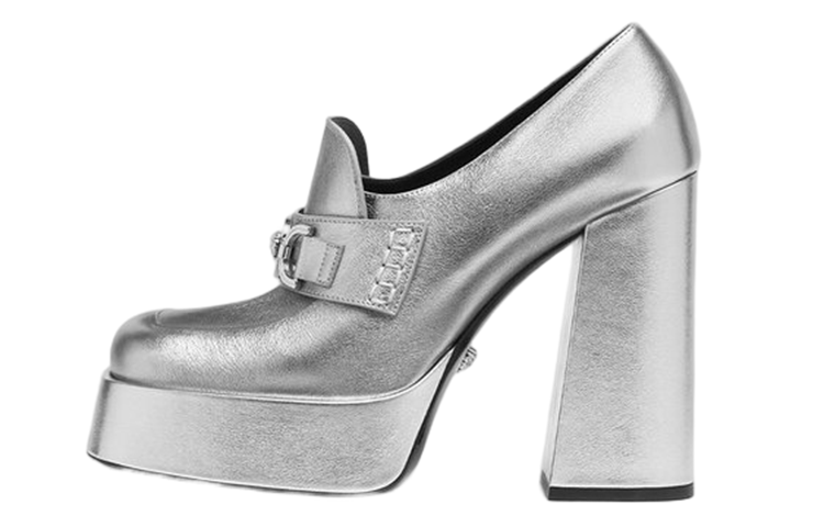 (W) Versace Leather Round Toe Slip-On 'Silver High Heel'