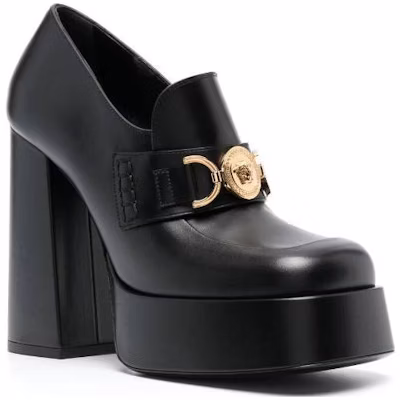 (W) Versace Slip-On Kulit Hitam 'Block Heel' Ujung Bundar 1010175-DVT2P_1B00V Order (W) Versace Slip-On Kulit Hitam 'Block Heel' Ujung Bundar 1010175-DVT2P_1B00V