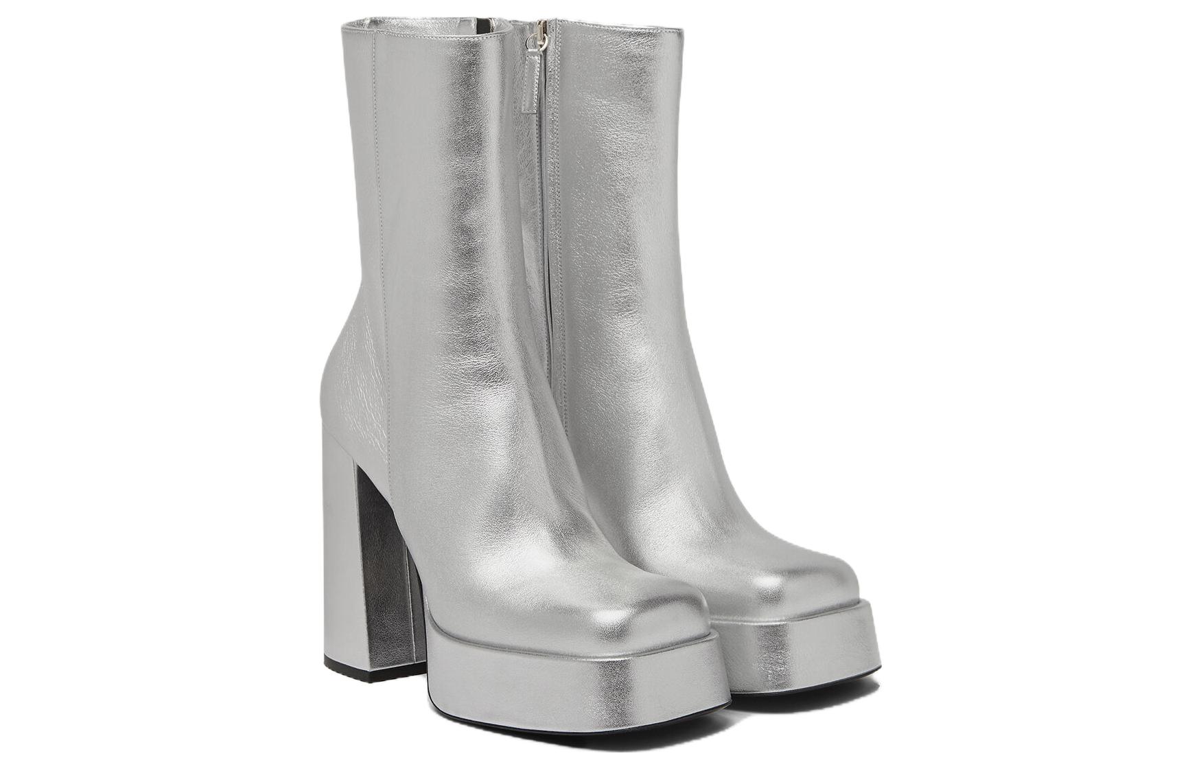 (W) Versace Leather Square Toe Zip Booties 'Silver' 圖 3