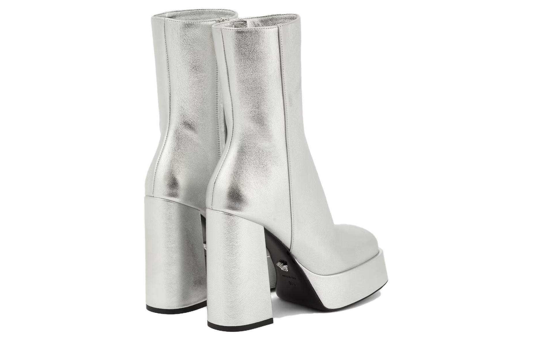 (W) Versace Leather Square Toe Zip Booties 'Silver' 圖 4