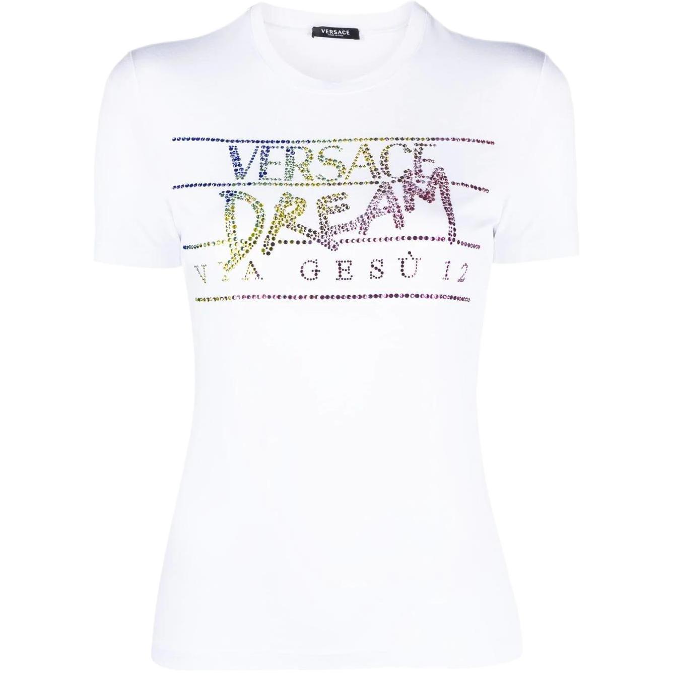 (Women) VERSACE Letter Crystal Embellished Casual Crewneck T-Shirt White (FW22) . 1006307-1A00769-2W070