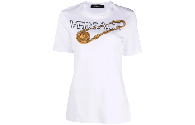(Women) VERSACE Logo Print Crew Neck Short Sleeve T-Shirt - White 10015181-A01124-1W010