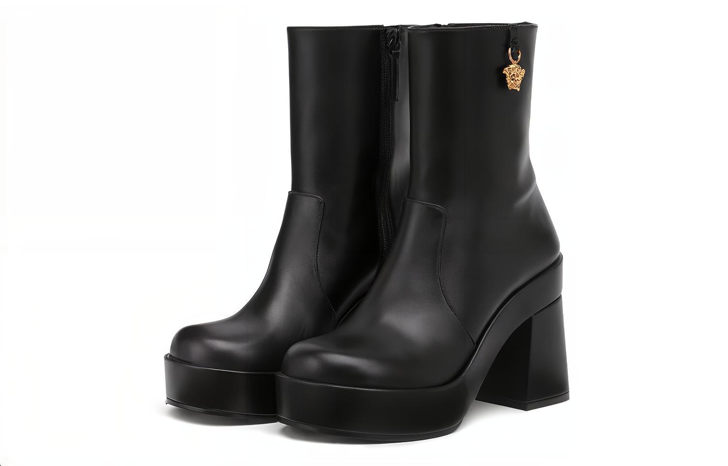 Shop VERSACE 范思哲 美杜莎 皮革厚底短靴 女款 黑色