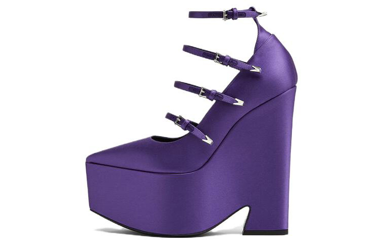(W) Versace Pointed-Toe Buckle 'Purple Chunky High Heel'