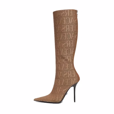 (W) Versace Pointed Toe Zip Stiletto Thigh High Boots 'Brown'