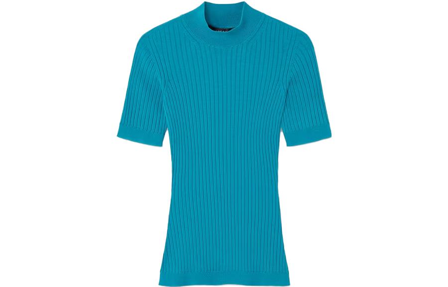 (Women) VERSACE Ribbed Knit T-Shirt FW23  Blue High Neck Slim Fit Short Sleeve Tee 1011345-1A08256-1GI70