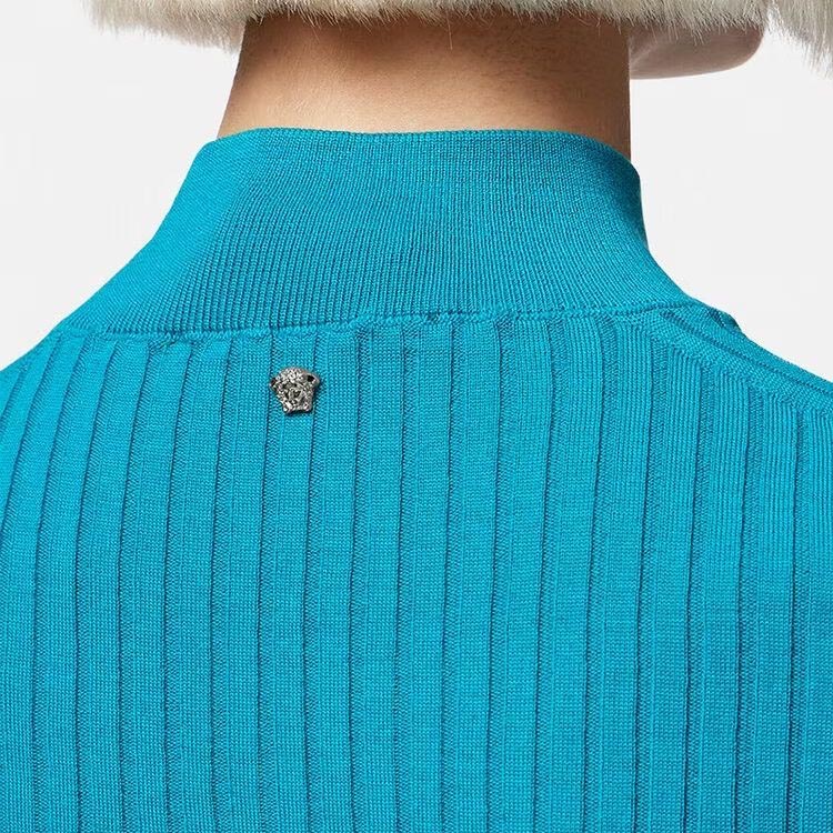 (Women) VERSACE Ribbed Knit T-Shirt FW23  Blue High Neck Slim Fit Short Sleeve Tee 1011345-1A08256-1GI70 圖 6