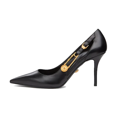 (W) Versace Safety Pin Leather High Heel 'Black'