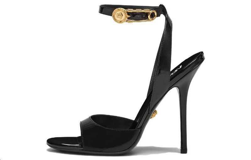 (W) Versace Safety Pin Leather Peep-Toe Slide Sandals 'Black'