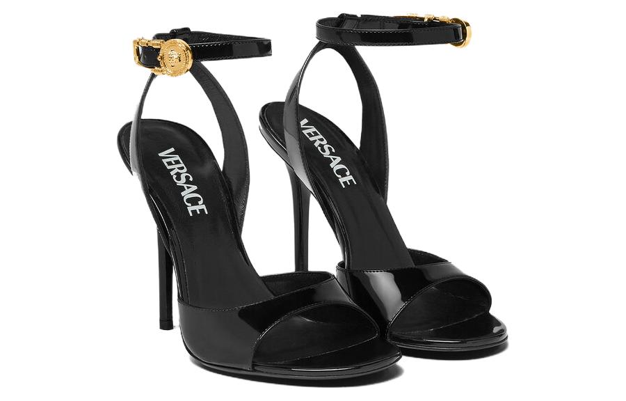 (W) Versace Safety Pin Leather Peep-Toe Slide Sandals 'Black' 圖 3