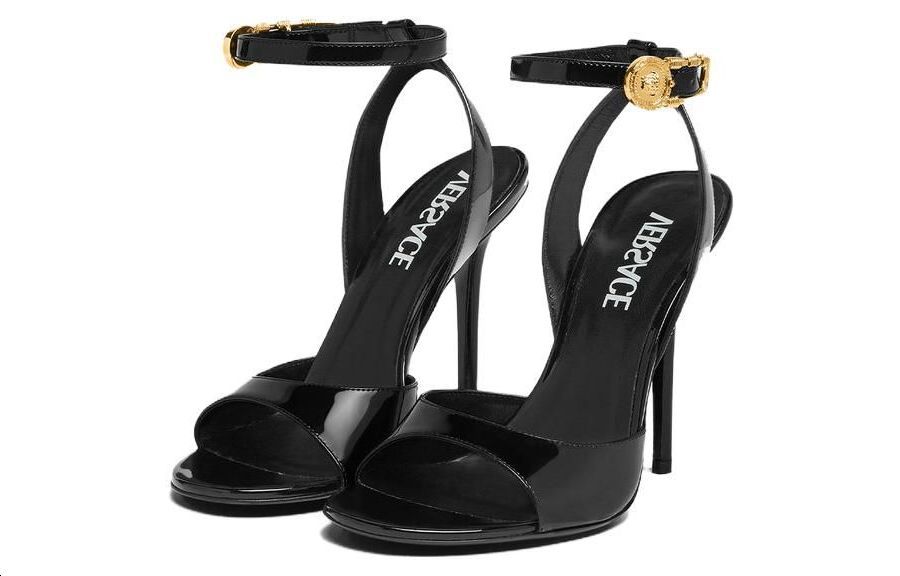 (W) Versace Safety Pin Leather Peep-Toe Slide Sandals 'Black' 圖 4