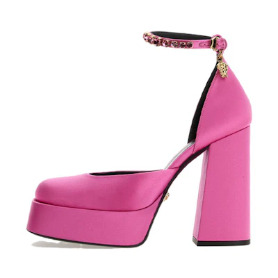 (W) Versace Satin Buckle Chunky Heel High 'Pink'