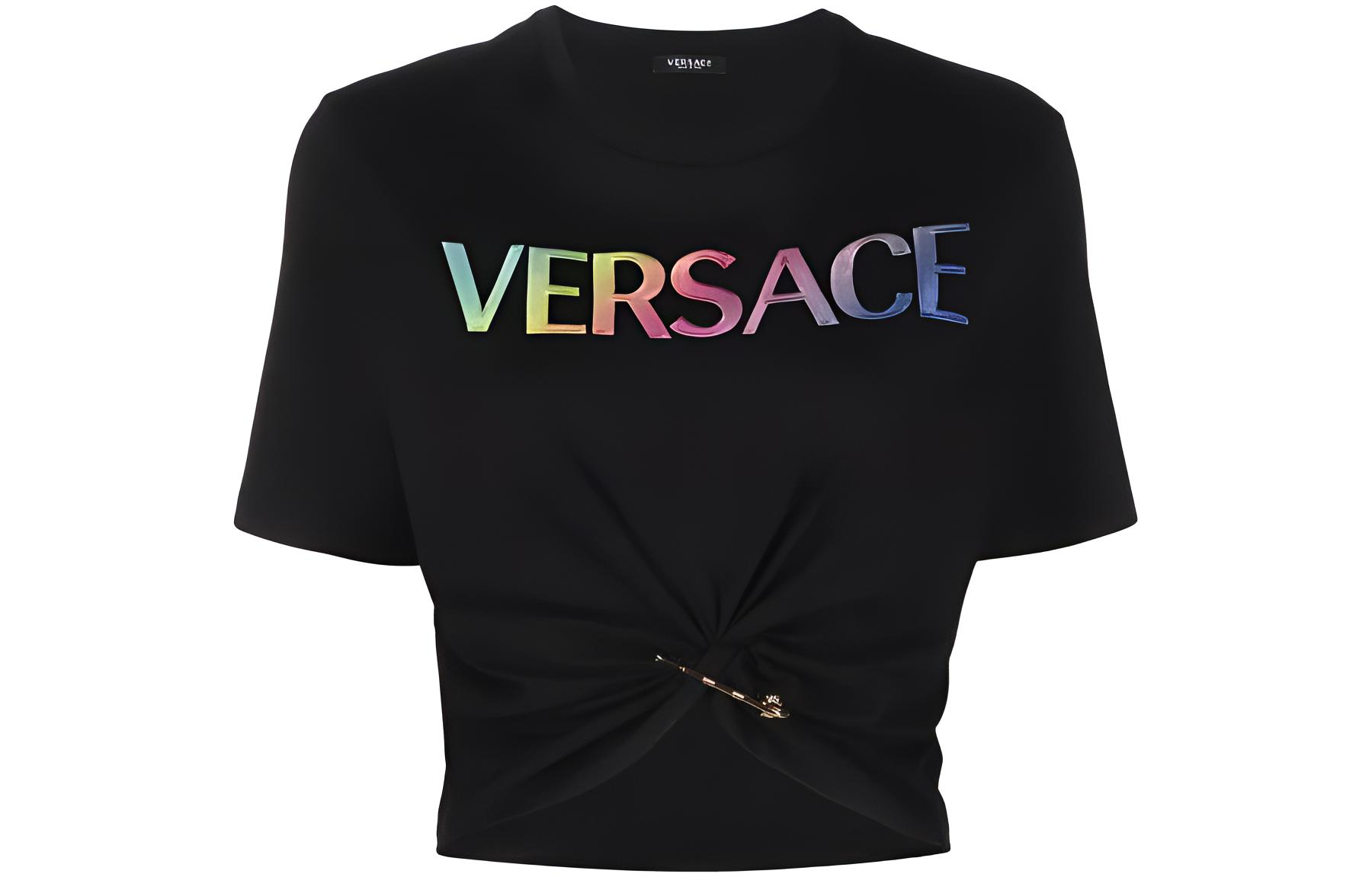 (Women) VERSACE SS22  Black Logo Print Safety Pin Detail Cropped T-Shirt. 1004162-1A04550-2B070
