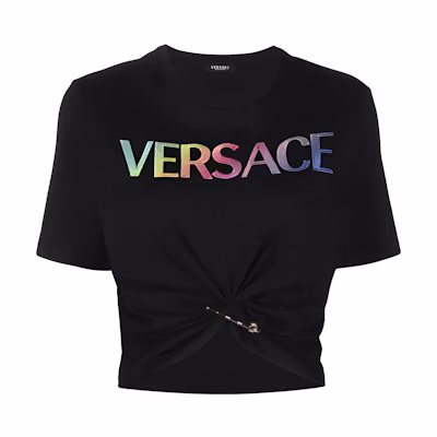 (Women) VERSACE SS22 Black Logo Print Safety Pin Detail Cropped T-Shirt. 1004162-1A04550-2B070