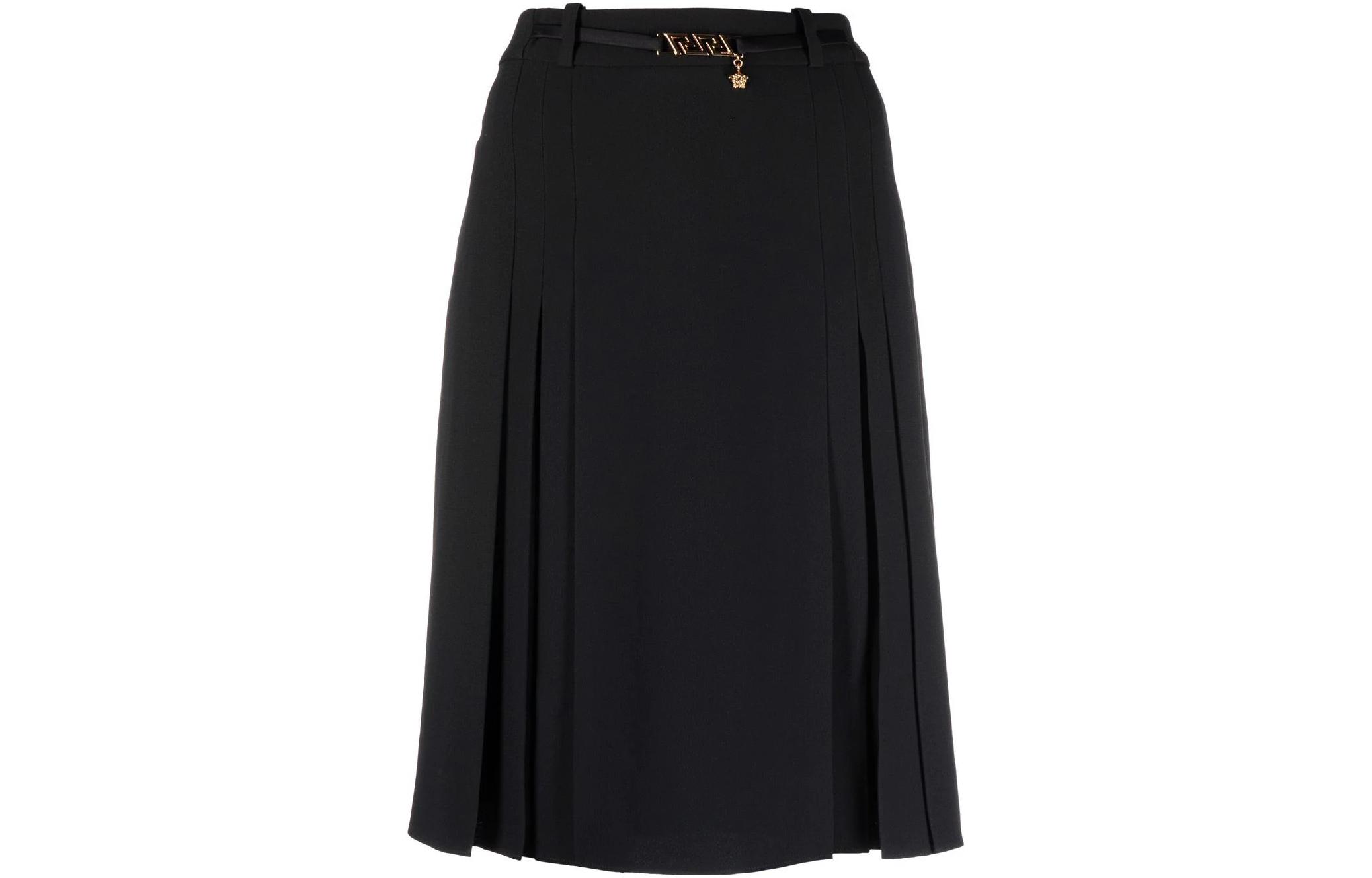 (Women) Versace SS22  Black Medusa Pleated Loose Fit Casual Midi Skirt. 1002986-1A00540-1B000