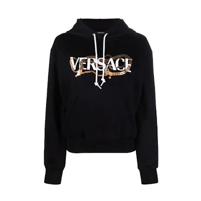 (Women) VERSACE SS22 Logo Print Hoodie Black. 1004128-1A01174-1B000