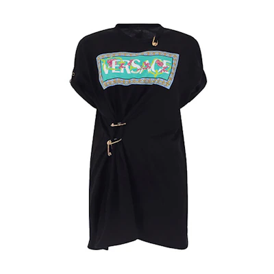 (Women) VERSACE SS22 Black Letter Print Short-Sleeve Dress Women. 1004165-1A03652-2B070