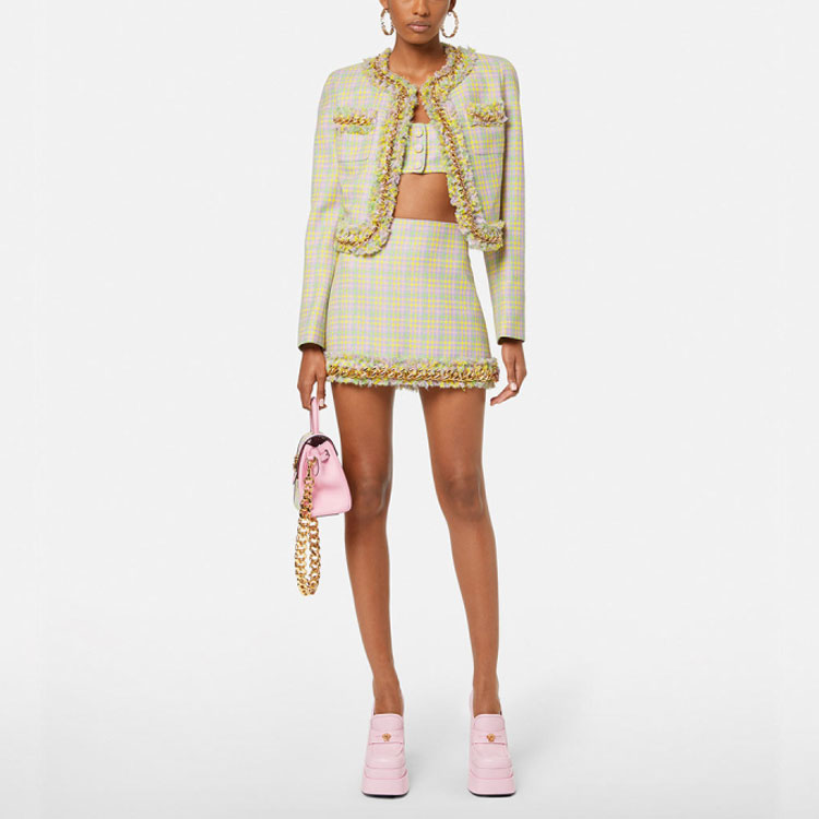 Lookbook (W) ヴェルサーチ SS22 パターンツイードチェーン Aラインカジュアルスカート イエロー レディース 1003977-1A02937-6Y060