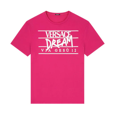 (Women) VERSACE SS22 Pink Crewneck Letter Print T-Shirt Women. 1005144-1A00769-2P880