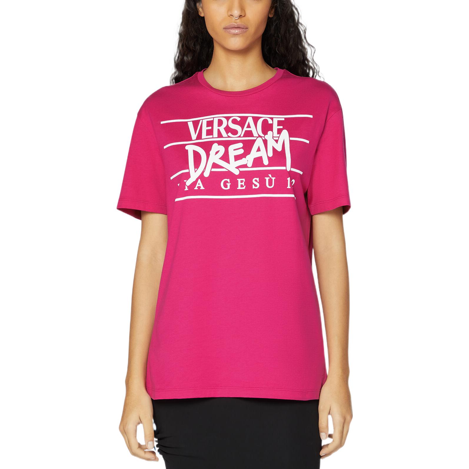 Shop (Women) VERSACE SS22 Pink Crewneck Letter Print T-Shirt Women. 1005144-1A00769-2P880