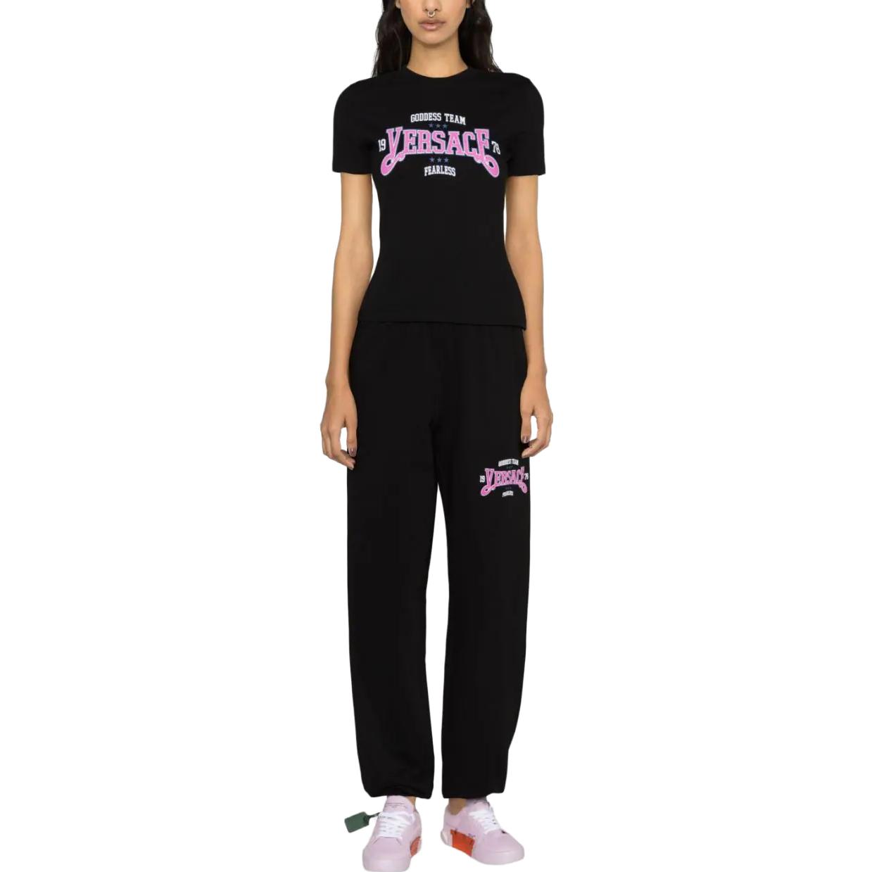 Lookbook (Women) VERSACE SS23  Black Jogger Knit Pants with Letter Logo Print. 1011736-1A08598-6BD50