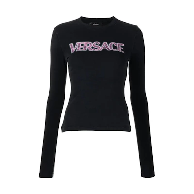 (Women) VERSACE SS23 Black Slim-Fit Logo Print Crew Neck Long Sleeve T-Shirt 1008002-1A06534-2B110