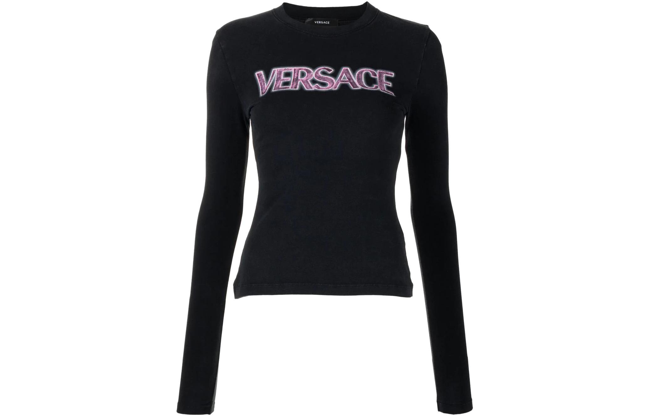 (Women) VERSACE SS23  Black Slim-Fit Logo Print Crew Neck Long Sleeve T-Shirt 1008002-1A06534-2B110 圖 2