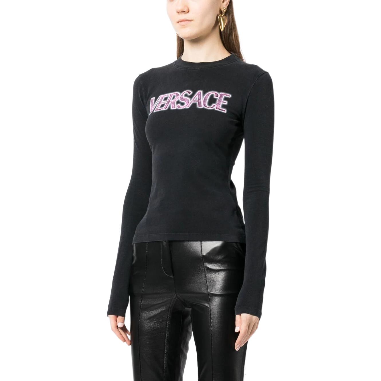 (Women) VERSACE SS23  Black Slim-Fit Logo Print Crew Neck Long Sleeve T-Shirt 1008002-1A06534-2B110 圖 5