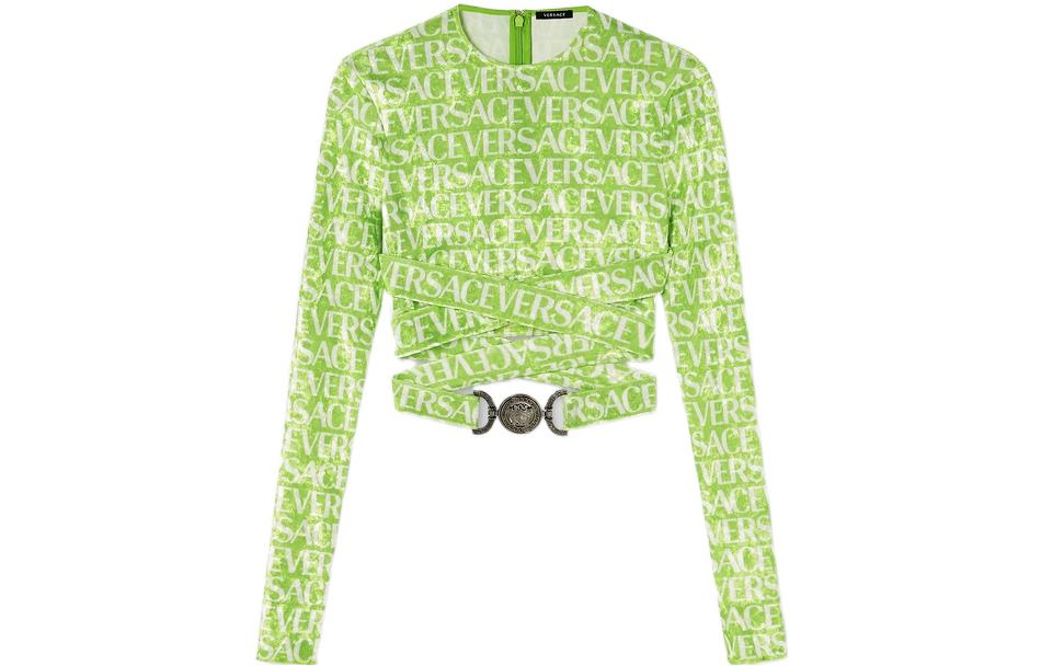 (Women) VERSACE SS23  Green Logo Print Cross-Wrap Long Sleeve Crop Top. 1008267-1A06579-5G300