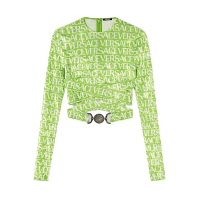 (Women) VERSACE SS23 Green Logo Print Cross-Wrap Long Sleeve Crop Top. 1008267-1A06579-5G300