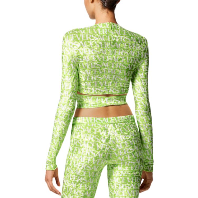 Purchase (W) VERSACE SS23 Top Lengan Panjang Crop Hijau dengan Cetakan Logo Silang. 1008267-1A06579-5G300