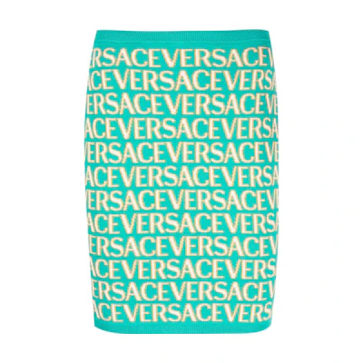 (Women) VERSACE SS23 Logo Print Knit Mini Skirt Blue Green 1011220-1A07960-5V540