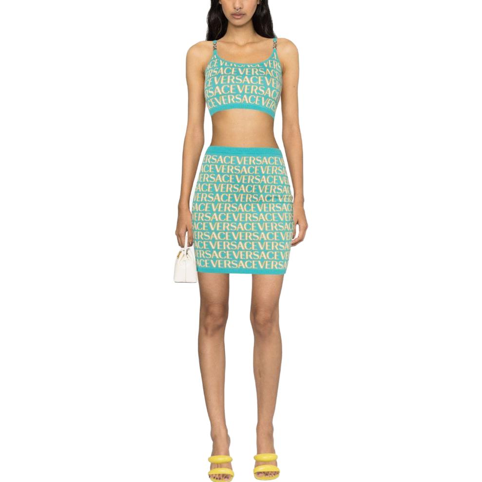 Lookbook (W) 베르사체 SS23 로고 프린트 니트 미니 스커트 블루 그린 1011220-1A07960-5V540