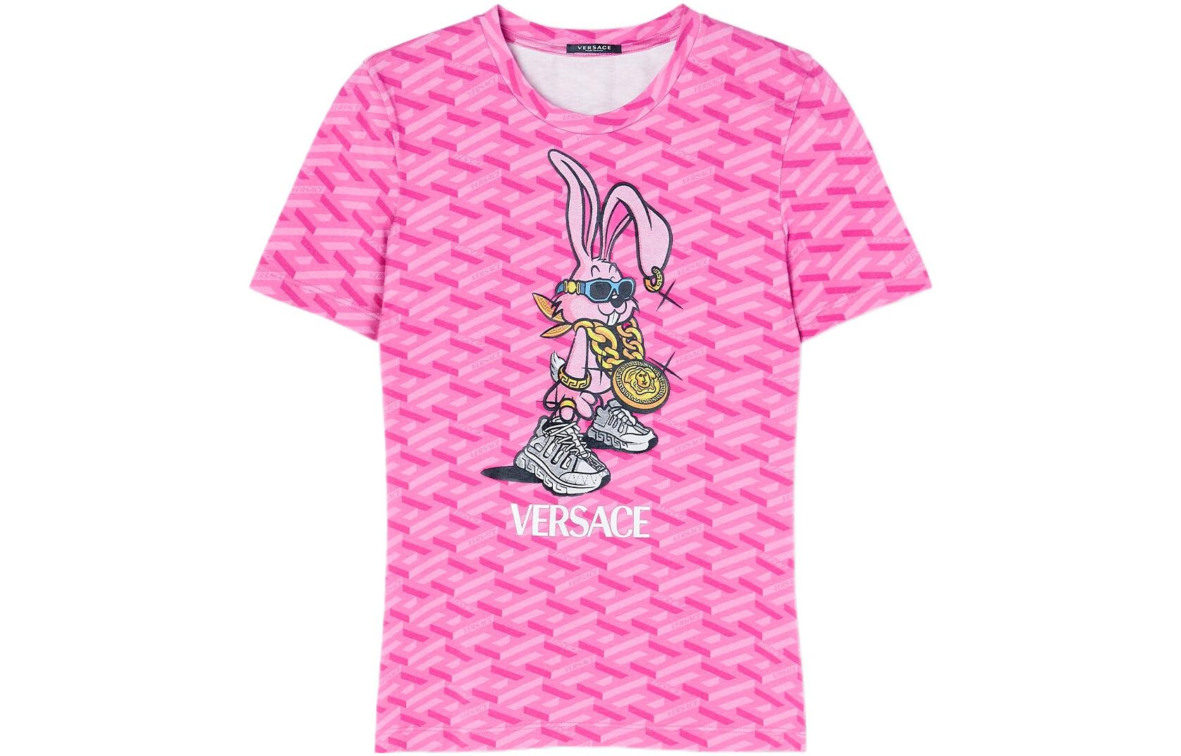 (Women) VERSACE SS23  Pink Cartoon Bunny Logo Print Short Sleeve T-Shirt. 1009270-1A06686-5P780