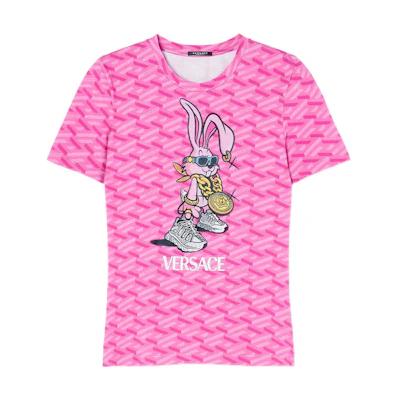 (Women) VERSACE SS23 Pink Cartoon Bunny Logo Print Short Sleeve T-Shirt. 1009270-1A06686-5P780