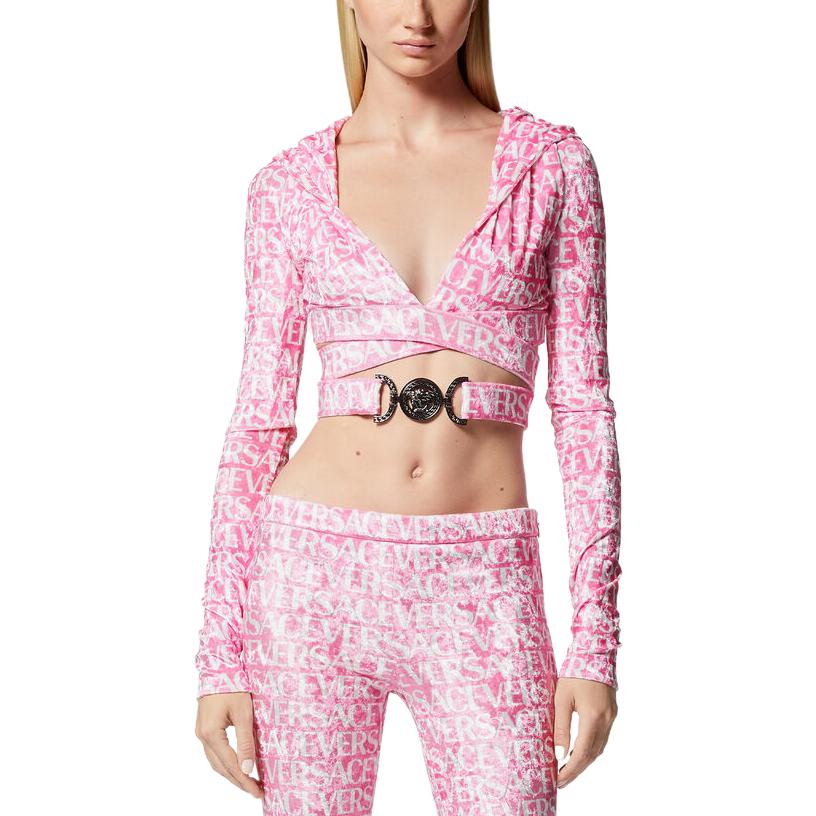 (Women) VERSACE SS23  Pink Velvet Logo Print Cropped Hoodie. 1007885-1A06579-5P110 圖 4