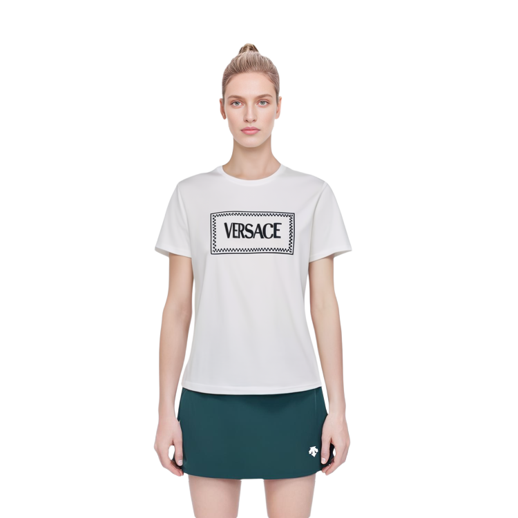 Shop (Women) VERSACE SS23  White Crewneck T-Shirt with Solid Color Embroidered Logo 1011882-1A08573-2W020