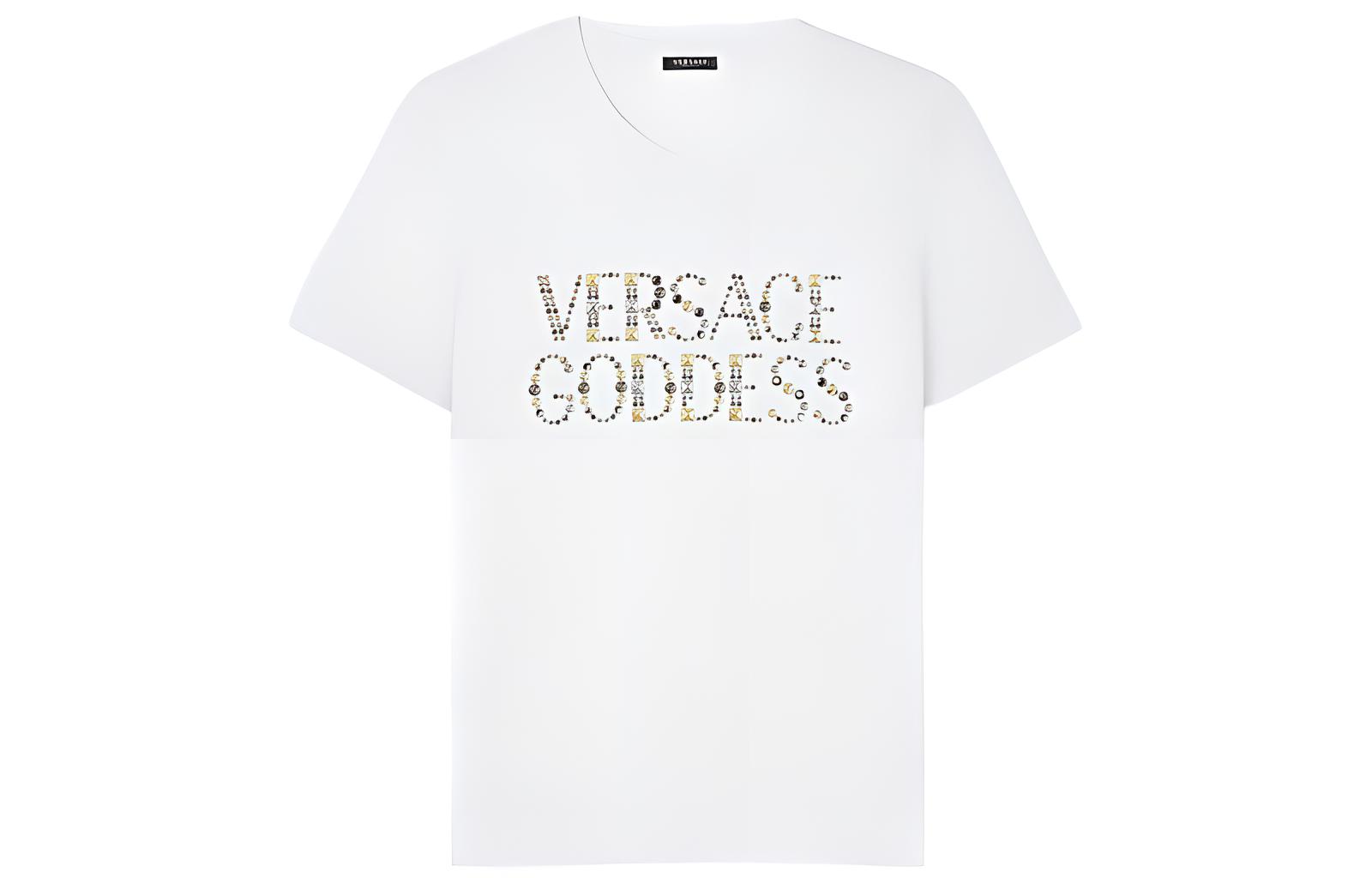 (Women) VERSACE SS23 Crystal Embellished Logo White Round Neck T-Shirt for Women. 1009199-1A06207-1W000