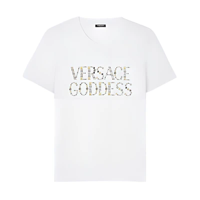 (Women) VERSACE SS23 Crystal Embellished Logo White Round Neck T-Shirt for Women. 1009199-1A06207-1W000