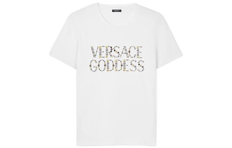 (Women) VERSACE SS23 Crystal Embellished Logo White Round Neck T-Shirt for Women. 1009199-1A06207-1W000 圖 2