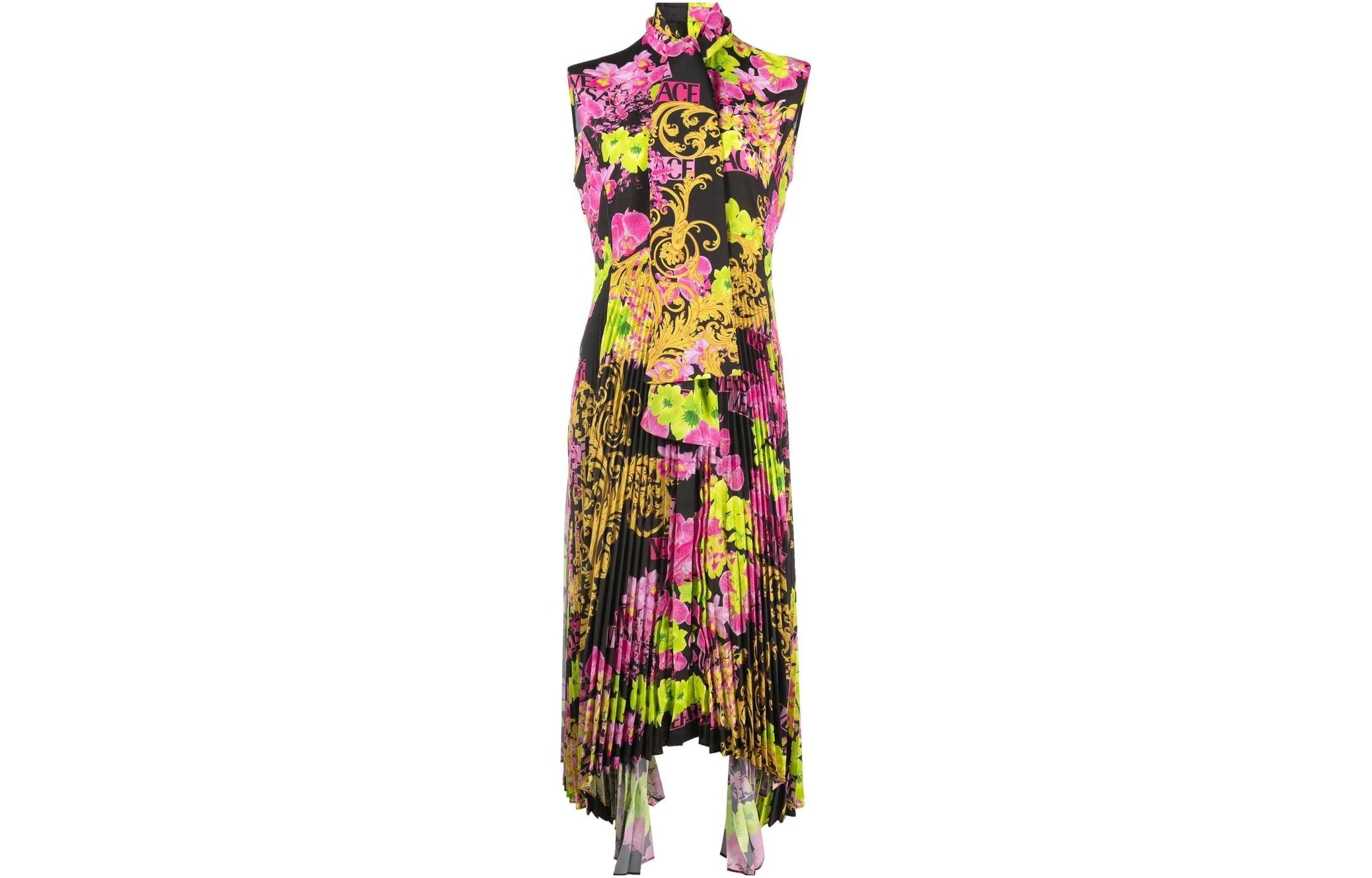 (Women) VERSACE SS23 Floral Print Pleated Sleeveless Dress Multicolor . 10091491-A06641-5B100