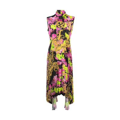(Women) VERSACE SS23 Floral Print Pleated Sleeveless Dress Multicolor . 10091491-A06641-5B100