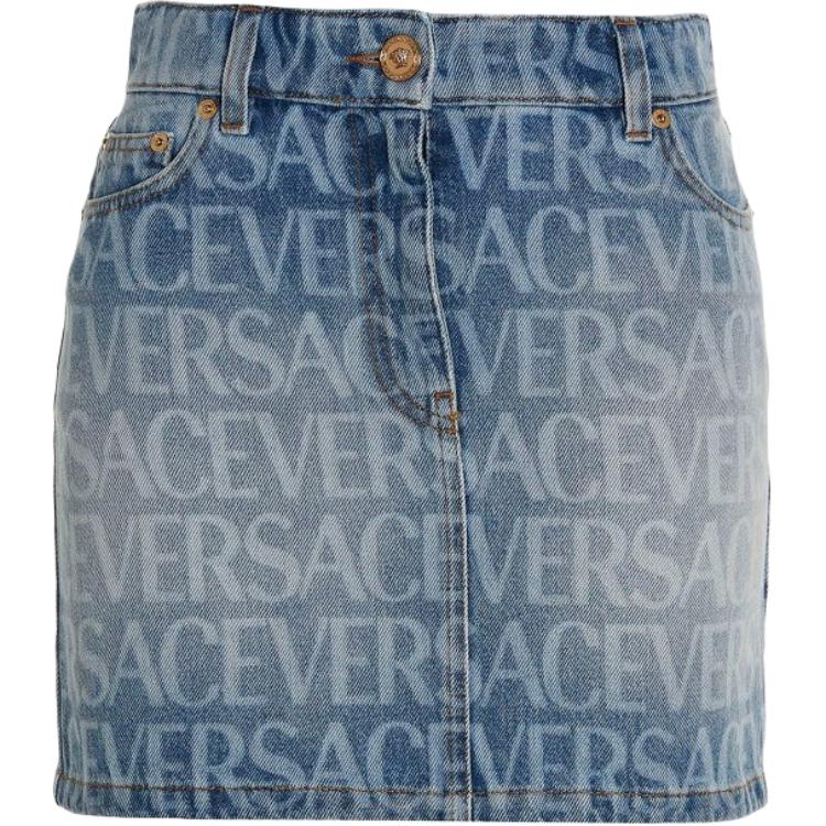 (Women) VERSACE SS23 Letter Print Denim Mini Skirt with Zipper & Button Closure for Women 1009171-1A06237-1D190