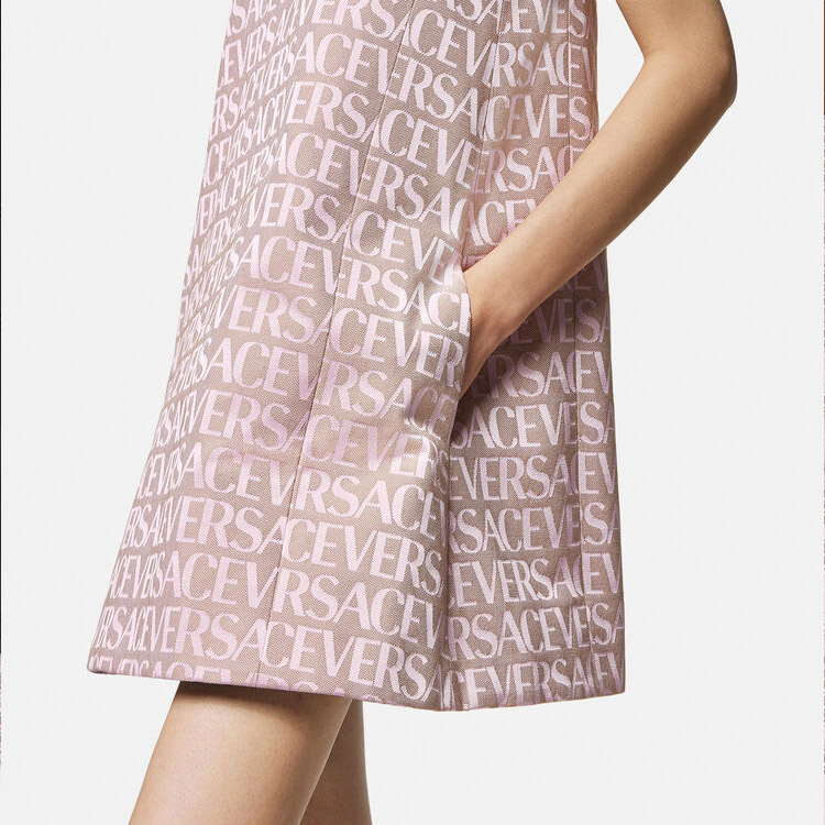 Sizing (Women) VERSACE SS23 Pink Sleeveless Logo Print Zip Mini Dress for Women. 1011540-1A08206-2PL50