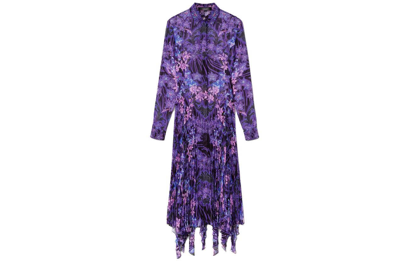 (Women) VERSACE SS23 Purple Floral Print Long Sleeve Shirt Dress Women 1010007-1A07272-5BA60