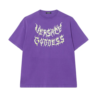 (Women) Versace SS23 Purple Letter Print Oversized Short Sleeve T-Shirt Women 1009548-1A07261-1LD60
