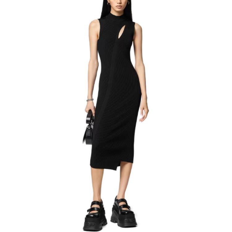 Lookbook (W) VERSACE SS23 女款無袖修身中長裙 黑色高領開衩設計裙 1011205-1A07953-1B000