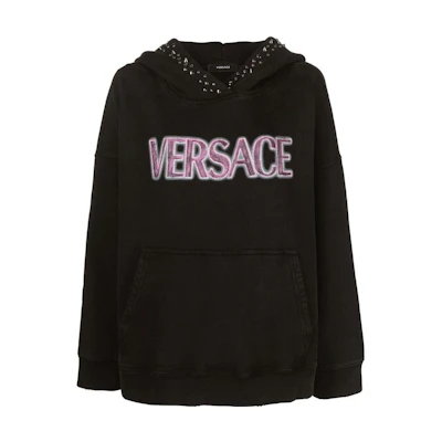 (Women) VERSACE SS23 Solid Color Logo Studded Hoodie Black 1008170-1A06531-2B110