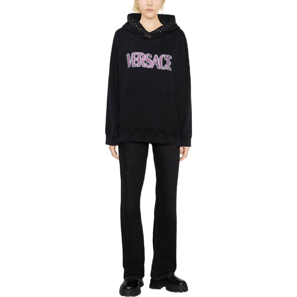 (Women) VERSACE SS23 Solid Color Logo Studded Hoodie  Black 1008170-1A06531-2B110 圖 3