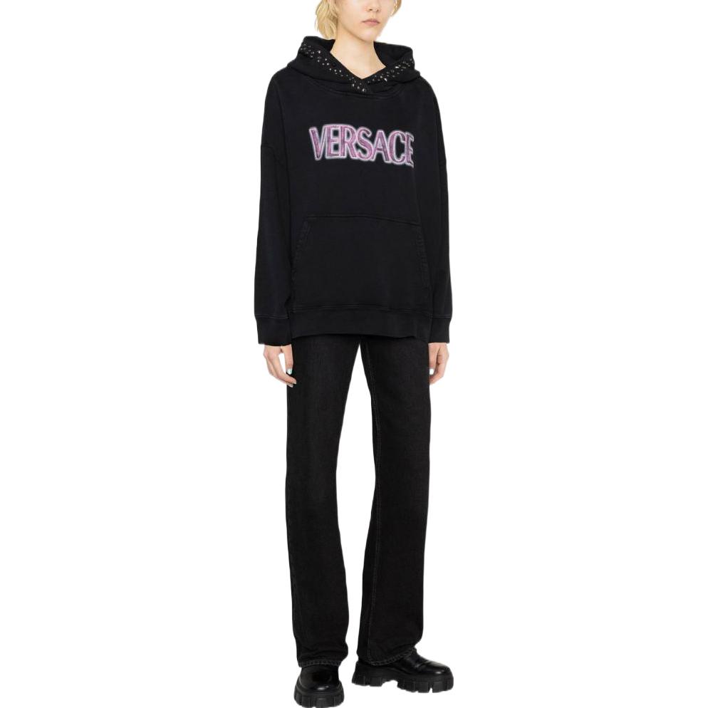 (Women) VERSACE SS23 Solid Color Logo Studded Hoodie  Black 1008170-1A06531-2B110 圖 5